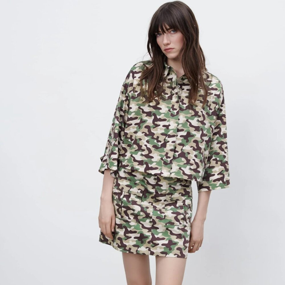 ZARA Camo Utility Crop Jacket & Mini Skirt Matching Set XS Military Green